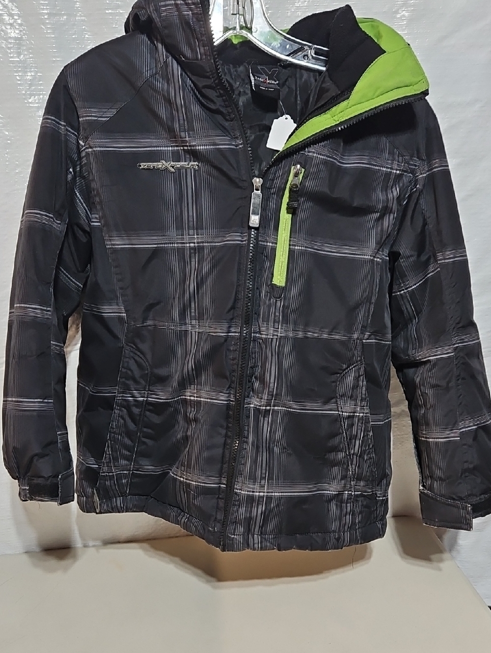 ZeroXposur Black Plaid Kids Hooded Jacket with Lime Green Accent